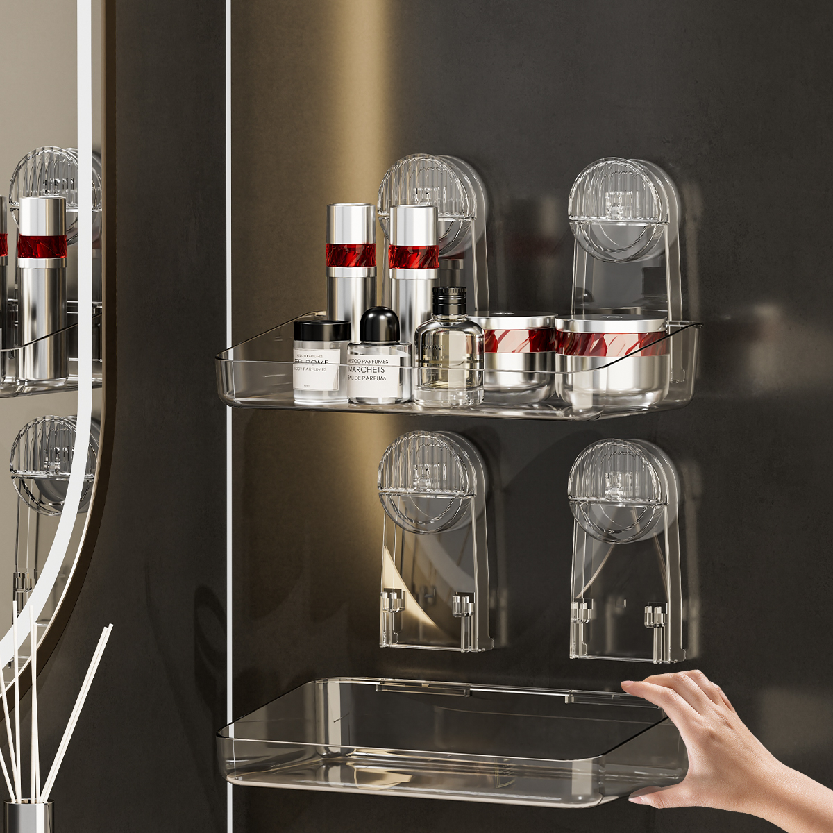 Rack de armazenamento de ventosa poderoso, suspensão removível, rack de chuveiro de secagem e drenagem, rack de armazenamento, suprimentos de banheiro de acrílico moldado por injeção, rack de armazenamento de uso diverso