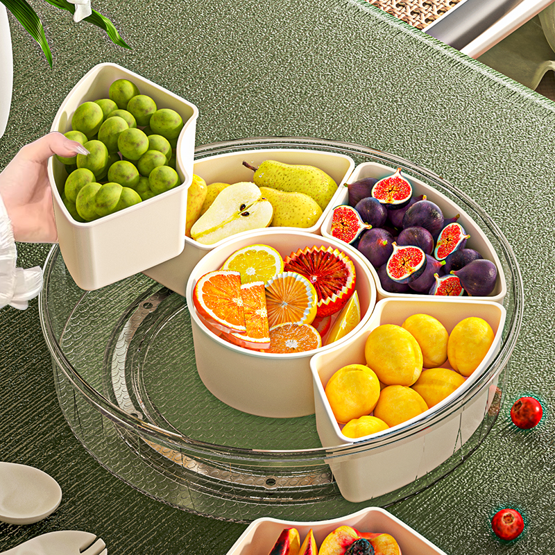 Bandeja rotativa de frutas com 6 compartimentos, bandeja transparente dividida para servir especiarias, recipiente giratório com tampa