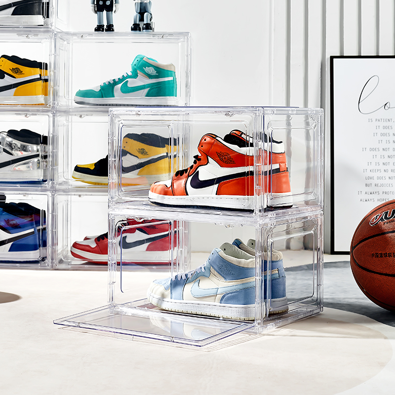Caixa de sapato de acrílico aberta lateralmente