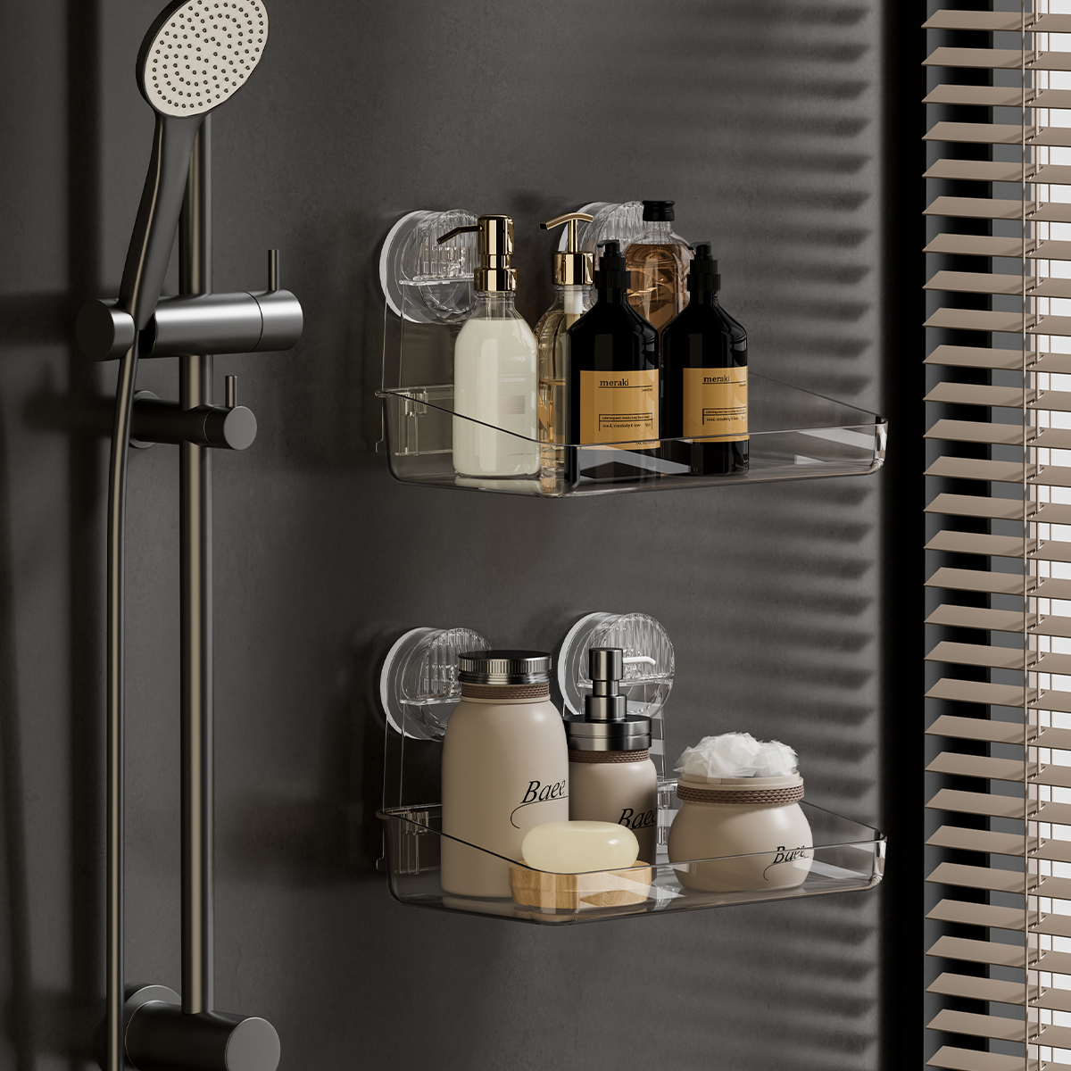 Rack de armazenamento de ventosa poderoso, suspensão removível, rack de chuveiro de secagem e drenagem, rack de armazenamento, suprimentos de banheiro de acrílico moldado por injeção, rack de armazenamento de uso diverso