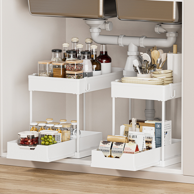 Organizadores de pia de 2 camadas e gaveta organizadora de cesta de armário multiuso para cozinha embaixo
