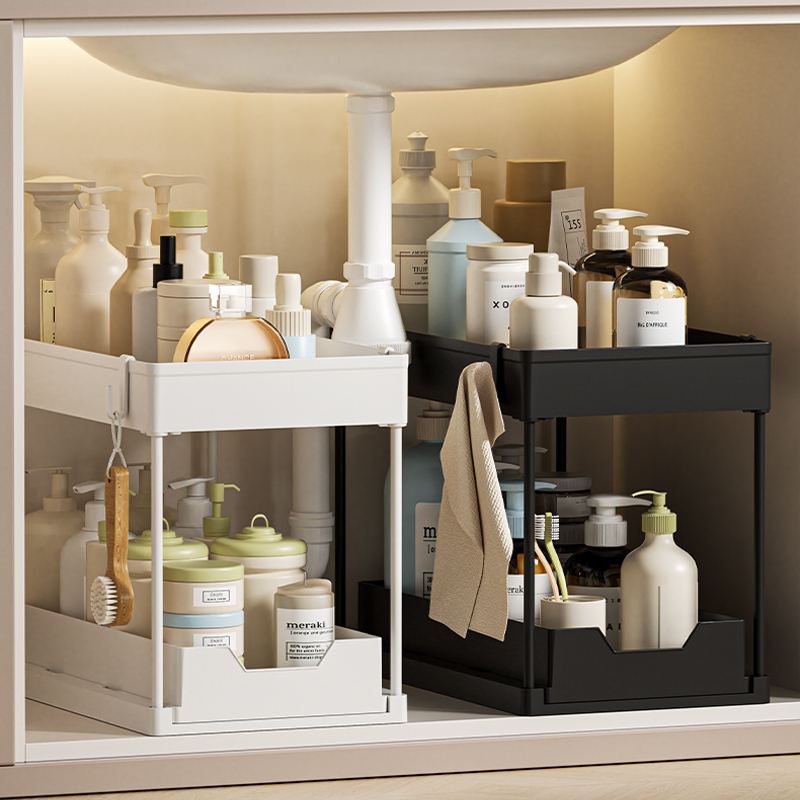 Organizadores de pia de 2 camadas e gaveta organizadora de cesta de armário multiuso para cozinha embaixo