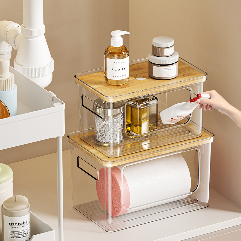 Recipientes de armazenamento frontais abertos, transparentes, empilháveis, tampas de bambu, despensa, cozinha, organizador de geladeira, caixas de plástico para animais de estimação