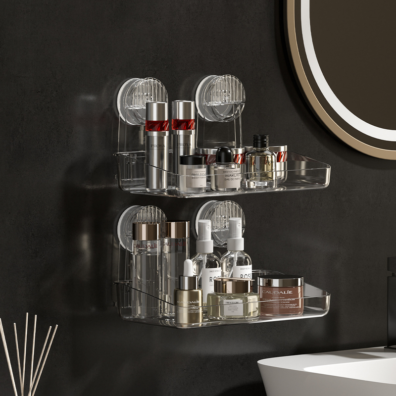 Rack de armazenamento de ventosa poderoso, suspensão removível, rack de chuveiro de secagem e drenagem, rack de armazenamento, suprimentos de banheiro de acrílico moldado por injeção, rack de armazenamento de uso diverso