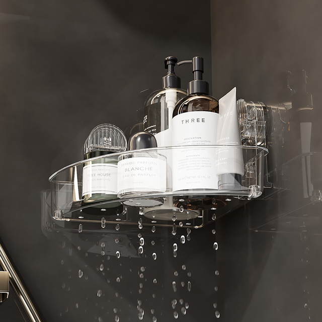 Canto de sucção a vácuo chuveiro caddy atacado acrílico banheiro canto armazenamento ventosa chuveiro organizador prateleira prateleiras parede