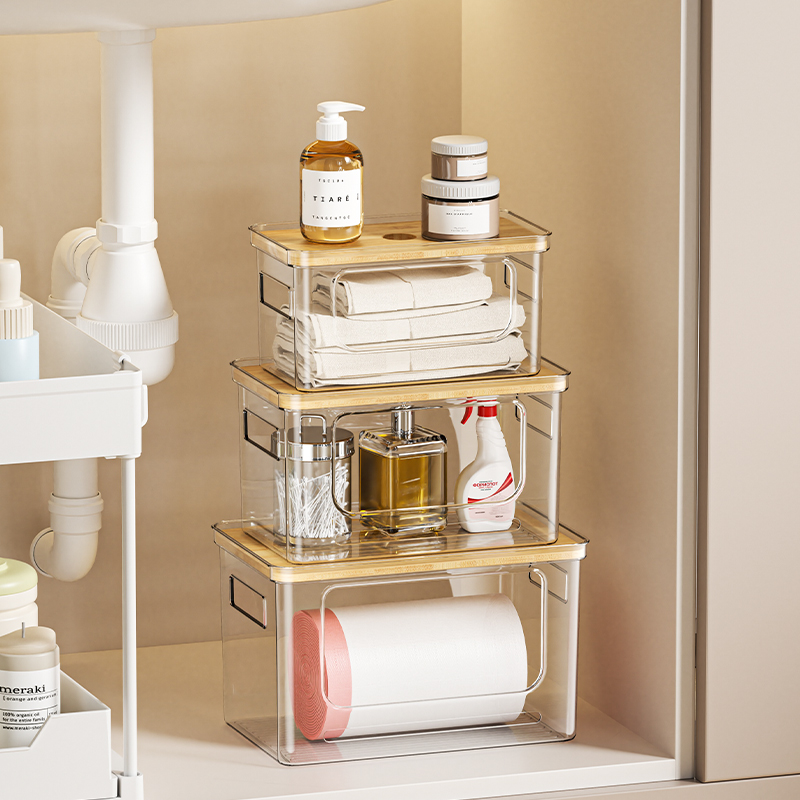 Recipientes de armazenamento frontais abertos, transparentes, empilháveis, tampas de bambu, despensa, cozinha, organizador de geladeira, caixas de plástico para animais de estimação