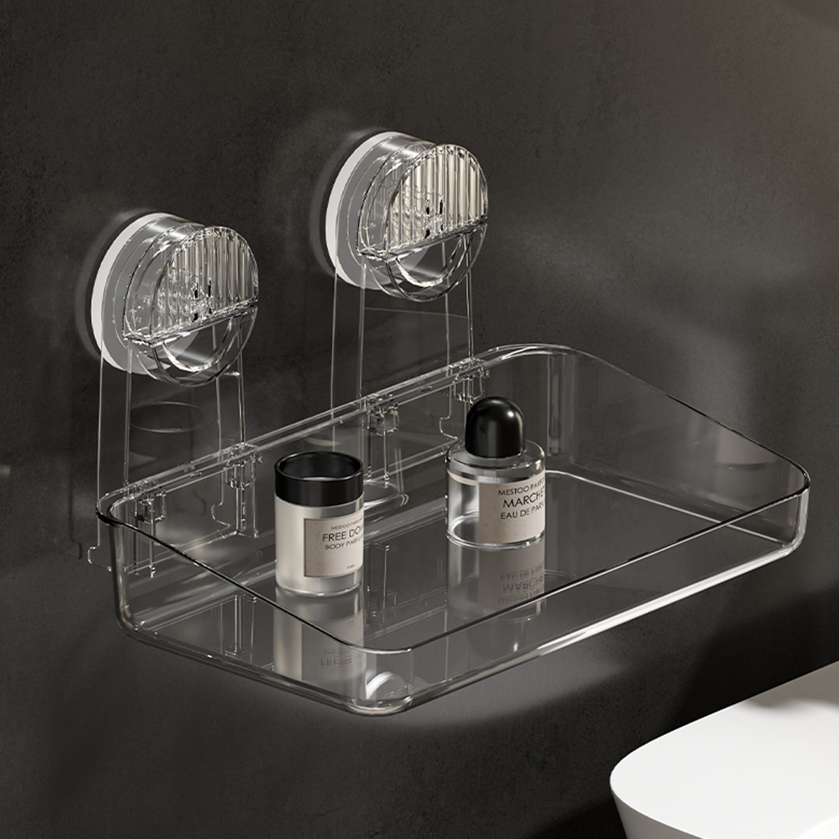 Rack de armazenamento de ventosa poderoso, suspensão removível, rack de chuveiro de secagem e drenagem, rack de armazenamento, suprimentos de banheiro de acrílico moldado por injeção, rack de armazenamento de uso diverso