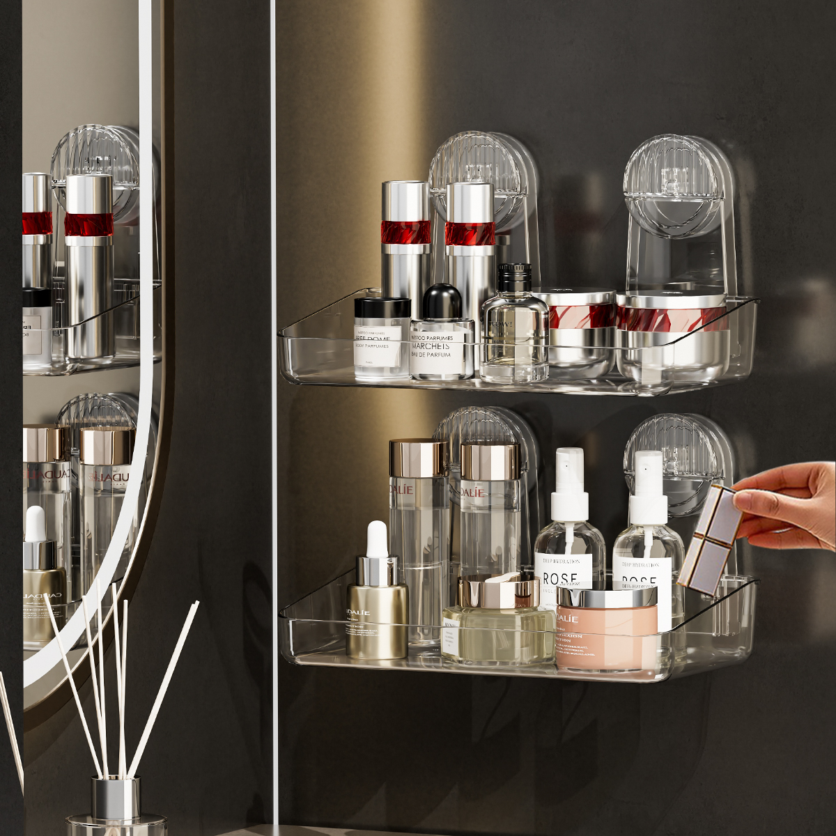 Rack de armazenamento de ventosa poderoso, suspensão removível, rack de chuveiro de secagem e drenagem, rack de armazenamento, suprimentos de banheiro de acrílico moldado por injeção, rack de armazenamento de uso diverso